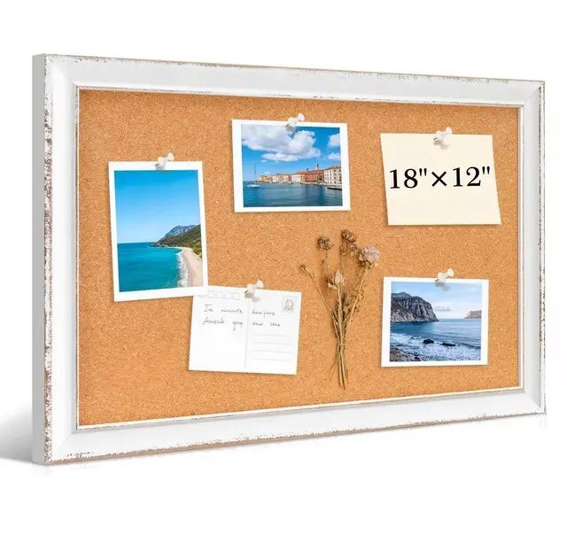 Main image of Distressed White Cork Board, 18"x12" Bulletin Board Hand-Finished Rustic Frame, Vintage Farmhouse Pin Board, For Office & Home Decor, Includes Pins & Hanging Hardware