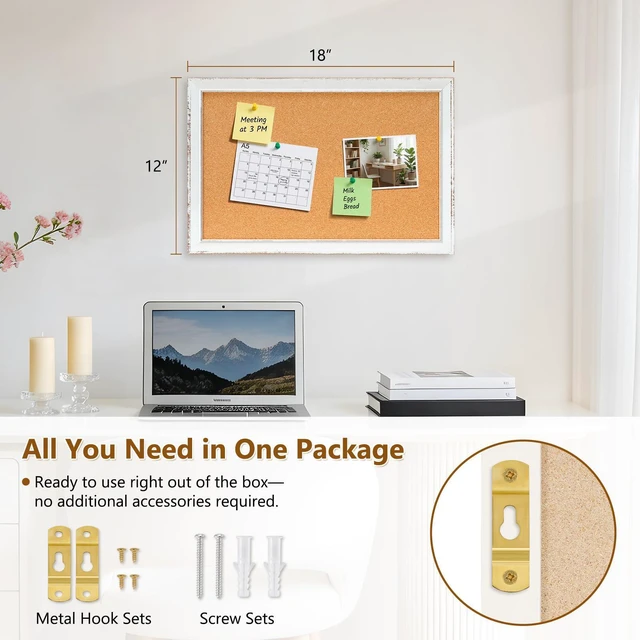 Alt view image 3 of 7 - Distressed White Cork Board, 18"x12" Bulletin Board Hand-Finished Rustic Frame, Vintage Farmhouse Pin Board, For Office & Home Decor, Includes Pins & Hanging Hardware