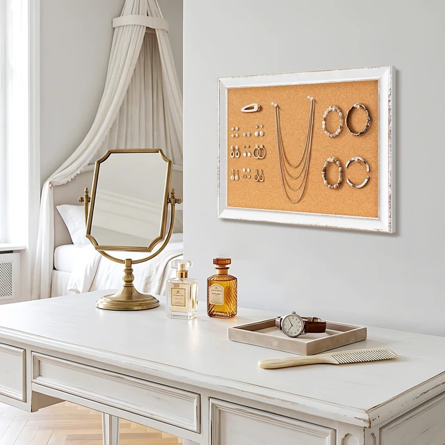 Alt view image 6 of 7 - Distressed White Cork Board, 18"x12" Bulletin Board Hand-Finished Rustic Frame, Vintage Farmhouse Pin Board, For Office & Home Decor, Includes Pins & Hanging Hardware
