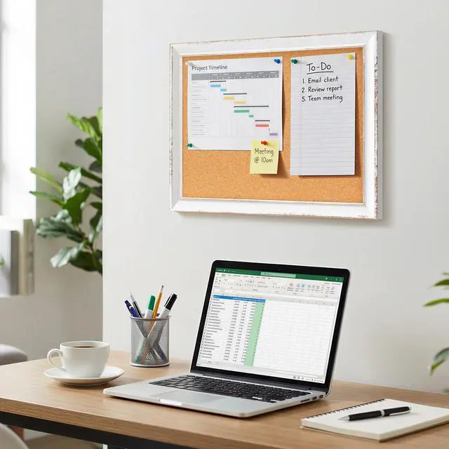 Alt view image 7 of 7 - Distressed White Cork Board, 18"x12" Bulletin Board Hand-Finished Rustic Frame, Vintage Farmhouse Pin Board, For Office & Home Decor, Includes Pins & Hanging Hardware