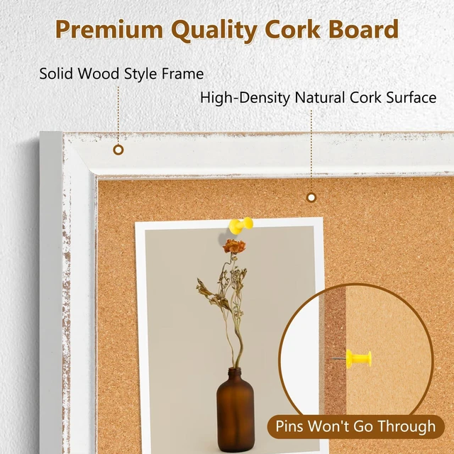 Alt view image 2 of 7 - Distressed White Cork Board, 18"x12" Bulletin Board Hand-Finished Rustic Frame, Vintage Farmhouse Pin Board, For Office & Home Decor, Includes Pins & Hanging Hardware