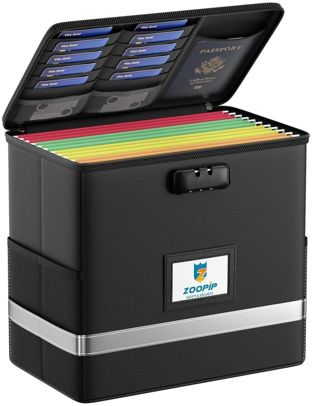 Main image of Fireproof File Box with Lock, Collapsible Document Organizer, Black Suitable for Hanging Folders in Letter Size, Reflective Strip for Fast Find, Home Office Safe Protection,12.2"x6"x10.2"