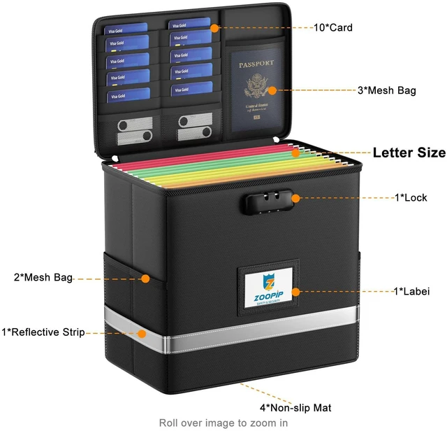 Alt view image 3 of 6 - Fireproof File Box with Lock, Collapsible Document Organizer, Black Suitable for Hanging Folders in Letter Size, Reflective Strip for Fast Find, Home Office Safe Protection,12.2"x6"x10.2"