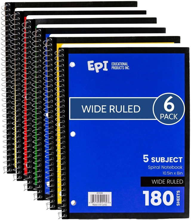 Main image of Spiral Notebook | 5 Subject - Wide Ruled - 180 Sheets, Durable Spiral Binding | 10.5 x 8 in | Classroom Supplies | School, Office, Note Taking, Journaling - 6 Pack