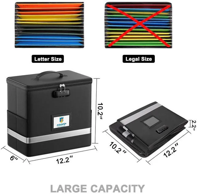 Alt view image 4 of 6 - Fireproof File Box with Lock, Collapsible Document Organizer, Black Suitable for Hanging Folders in Letter Size, Reflective Strip for Fast Find, Home Office Safe Protection,12.2"x6"x10.2"