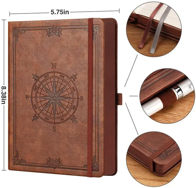 Alt view image 5 of 7 - Thick Lined Notebook, 320 Numbered Pages, A5 (5.75'' X 8.38'') College Ruled Journal, Vintage Leather Hardcover, 100gsm Paper, for Men Women Work Office School (Brown)