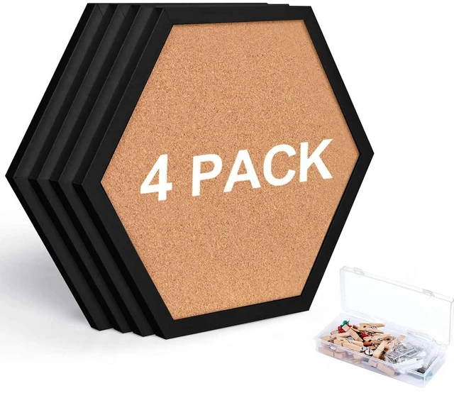 Main image of Cork Bulletin Board Hexagon Black, Small Framed Corkboard Tiles for Wall, Thick Decorative Display Boards for Home Office Decor, School Message Board with 16 Push Pin Wood Clips (4 Pack)