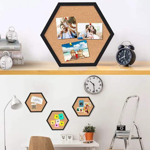 Alt view image 2 of 7 - Cork Bulletin Board Hexagon Black, Small Framed Corkboard Tiles for Wall, Thick Decorative Display Boards for Home Office Decor, School Message Board with 16 Push Pin Wood Clips (4 Pack)