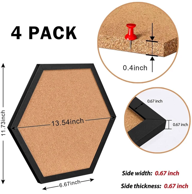 Alt view image 4 of 7 - Cork Bulletin Board Hexagon Black, Small Framed Corkboard Tiles for Wall, Thick Decorative Display Boards for Home Office Decor, School Message Board with 16 Push Pin Wood Clips (4 Pack)