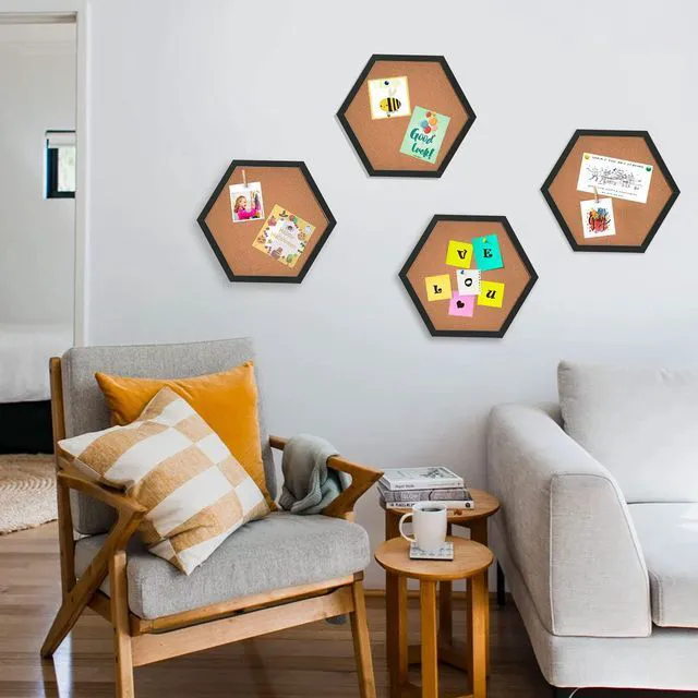 Alt view image 7 of 7 - Cork Bulletin Board Hexagon Black, Small Framed Corkboard Tiles for Wall, Thick Decorative Display Boards for Home Office Decor, School Message Board with 16 Push Pin Wood Clips (4 Pack)