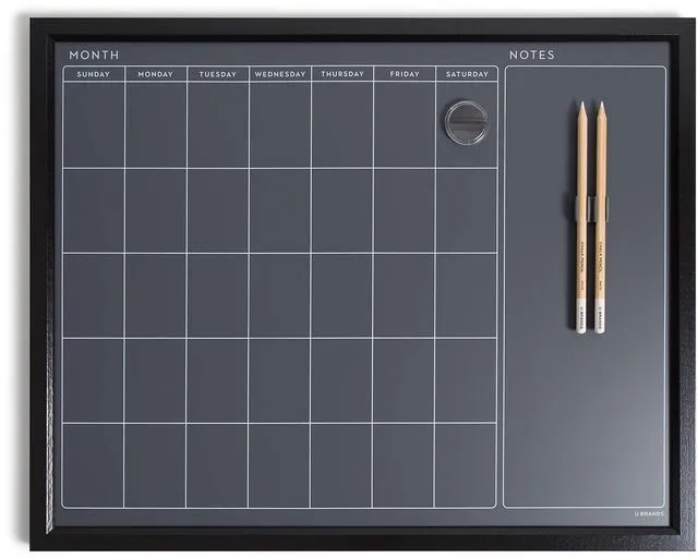 Main image of Magnetic Chalk Calendar Board, 16" x 20", Black Wood Style Frame, Premium Surface, Includes Chalk Pencils, Magnet