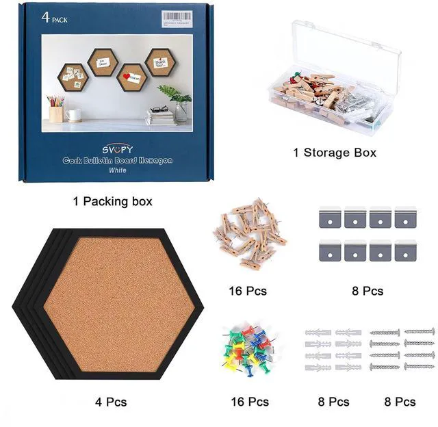 Alt view image 6 of 7 - Cork Bulletin Board Hexagon Black, Small Framed Corkboard Tiles for Wall, Thick Decorative Display Boards for Home Office Decor, School Message Board with 16 Push Pin Wood Clips (4 Pack)