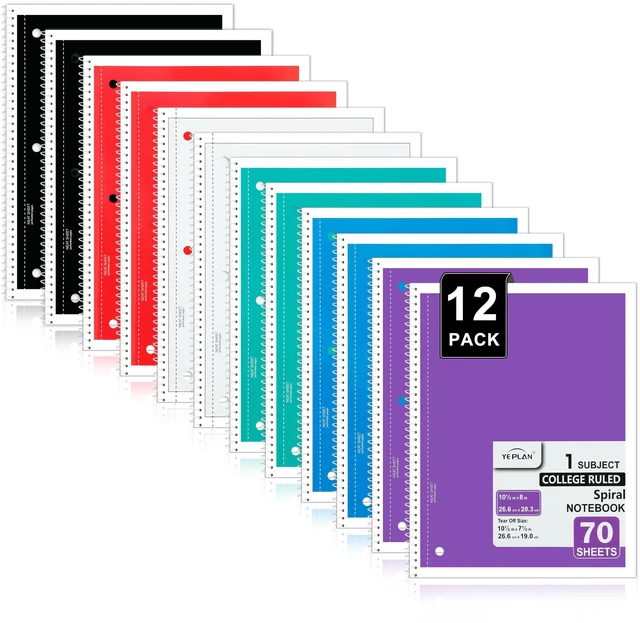 Main image of Spiral Notebooks 12 Pack, College Ruled Notebook Paper, 1 Subject Notebook for School & Work, 8" x 10-1/2", 70 Sheets per Notebook, 6 Assorted Colors