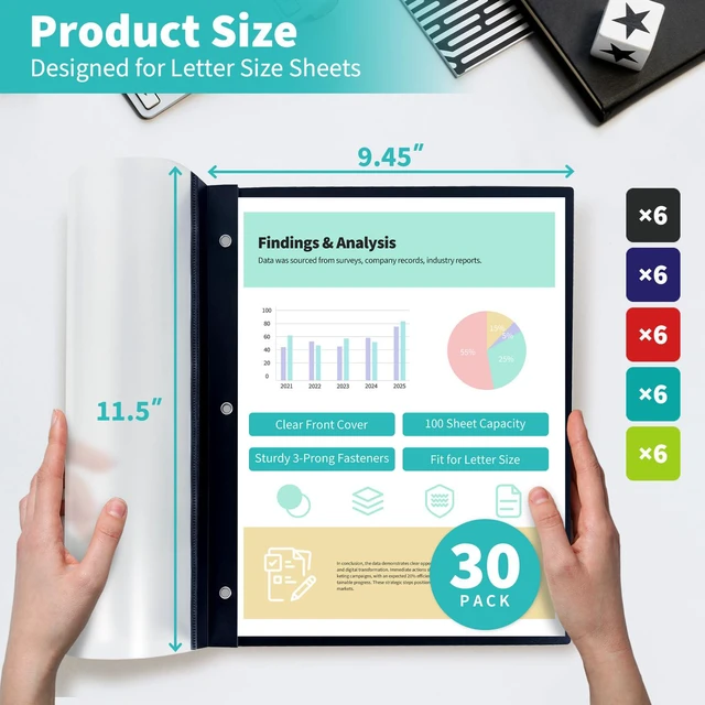 Alt view image 2 of 7 - Heavy-Duty Report Covers with 3 Prongs, 100-Sheet Capacity, Assorted,30Pack Plastic Report Folders with Back Covers, 3-Prong Metal Fasteners, 8.5 x 11 Inch Letter Size, for Professional Presentations