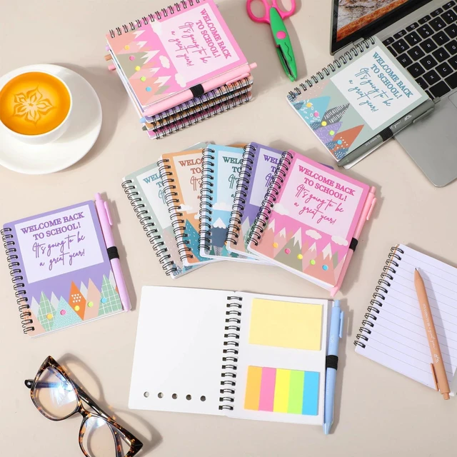 Alt view image 5 of 7 - 40 Pcs Welcome Back to School Gifts Bulk Spiral Notebooks with Sticky Notes Motivational Pens Included, Notepads for Teacher Student, First Day of School Party Favors, Fresh Design, Classroom Supplies