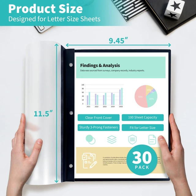 Alt view image 2 of 7 - Heavy-Duty Report Covers with 3 Prongs, 100-Sheet Capacity, Black, 30 Pack Plastic Report Folders with Back Covers, 3-Prong Metal Fasteners, 8.5 x 11 Inch Letter Size, for Professional Presentations