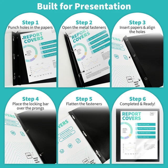 Alt view image 5 of 7 - Heavy-Duty Report Covers with 3 Prongs, 100-Sheet Capacity, Assorted,30Pack Plastic Report Folders with Back Covers, 3-Prong Metal Fasteners, 8.5 x 11 Inch Letter Size, for Professional Presentations