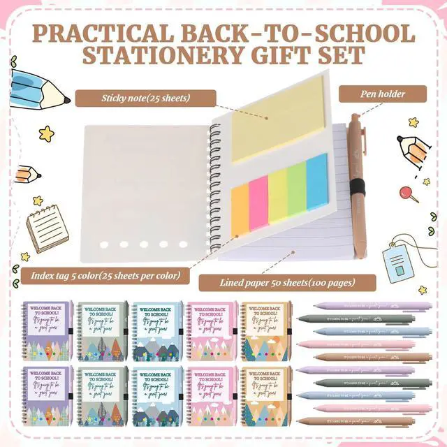 Alt view image 6 of 7 - 40 Pcs Welcome Back to School Gifts Bulk Spiral Notebooks with Sticky Notes Motivational Pens Included, Notepads for Teacher Student, First Day of School Party Favors, Fresh Design, Classroom Supplies