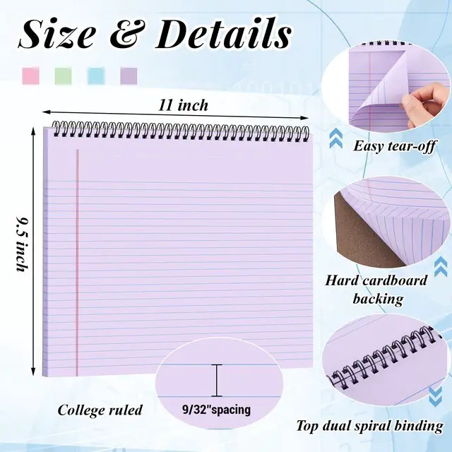 Alt view image 2 of 6 - 4 Landscape Legal Pad 11 x 9.5 College Ruled Top Spiral Horizontal Notebook 4 Multicolor Pads, 50 Sheets Each, Hole Punched Pages, Color Coded Choices for Classes, Projects, Meetings and Subject Notes