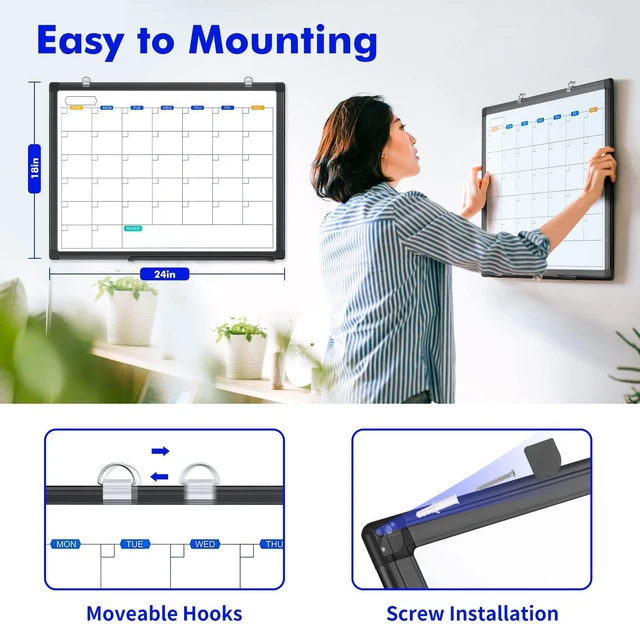 Alt view image 3 of 7 - White Board Calendar Dry Erase for Wall, 24" x 18" Aluminum FrameBlack Magnetic Monthly Planner Board, Wall Mounted or Hanging. Calendar Design Suitable for Daily Planning of Home, Office, Class