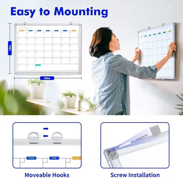 Alt view image 3 of 7 - White Board Calendar Dry Erase for Wall, 24" x 18" Aluminum Frame Magnetic Monthly Planner Board, Wall Mounted or Hanging. Calendar Design Suitable for Daily Planning of Home, Office, Class
