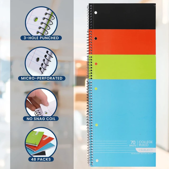 Alt view image 6 of 7 - College Ruled Spiral Notebooks Bulk 1-Subject Notebook - 70 Sheets - 3 Hole Punched, Subject Notebooks for Binders, School Classroom Note Books - Perforated Pages, Assorted Colors - (Bulk - 48 Pack)