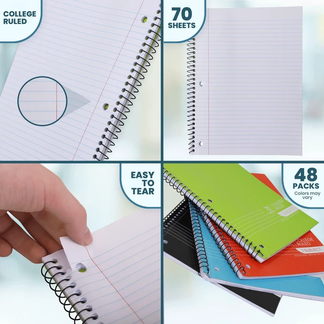 Alt view image 7 of 7 - College Ruled Spiral Notebooks Bulk 1-Subject Notebook - 70 Sheets - 3 Hole Punched, Subject Notebooks for Binders, School Classroom Note Books - Perforated Pages, Assorted Colors - (Bulk - 48 Pack)