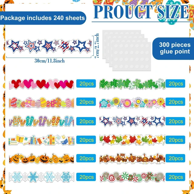 Alt view image 2 of 7 - 240 Pcs 236ft Holiday Bulletin Board Borders Colorful Seasonal Scalloped Border Trim Bulk Bulletin Decor for Classroom Back to School Decor (Monthly)
