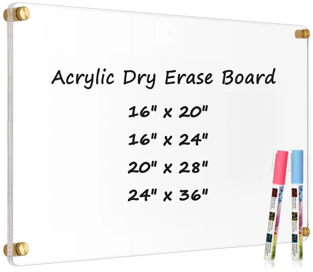 Main image of Clear Acrylic Dry Erase Board, 36" X 24" (Golden) Non-Magnetic Frameless Clear White Board for Wall, Erasable Acrylic Board for Wall, Home, Office, School, 2 Markers