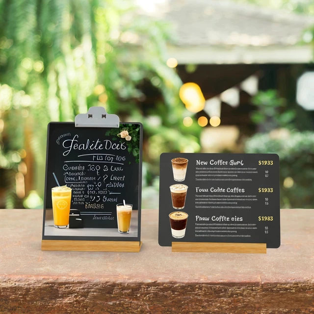 Alt view image 2 of 4 - 2 Pack 8.6x11.7 in Small Chalkboard Signs with Wood Base for Tabletop Decor Double Sided Mini Chalkboard for Restaurant Food Menu, Message Board, Wedding Party