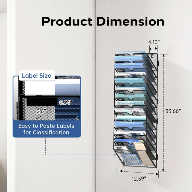 Alt view image 2 of 7 - 14-Tier Wall File Organizer and Hanging File Organizer, Black, 2Pack Wall Organizer and Wall Mounted File Holder with 14 Pockets and Label Panels for Files, Mail, Folders, Magazines and Paper