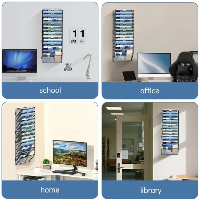 Alt view image 3 of 7 - 14-Tier Wall File Organizer and Hanging File Organizer, Black, 2Pack Wall Organizer and Wall Mounted File Holder with 14 Pockets and Label Panels for Files, Mail, Folders, Magazines and Paper