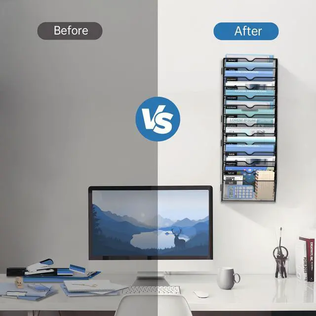 Alt view image 5 of 7 - 14-Tier Wall File Organizer and Hanging File Organizer, Black, 2Pack Wall Organizer and Wall Mounted File Holder with 14 Pockets and Label Panels for Files, Mail, Folders, Magazines and Paper