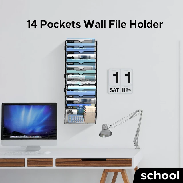 Alt view image 7 of 7 - 14-Tier Wall File Organizer and Hanging File Organizer, Black, 2Pack Wall Organizer and Wall Mounted File Holder with 14 Pockets and Label Panels for Files, Mail, Folders, Magazines and Paper