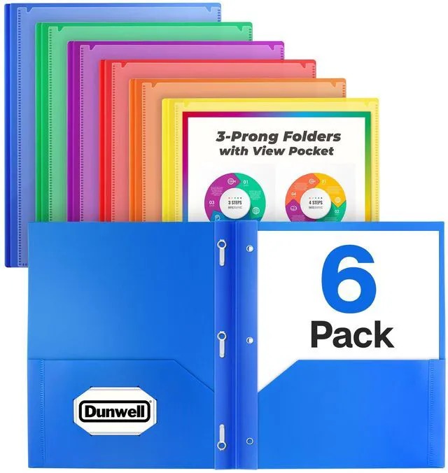 Main image of 2-Pocket 3-Prong Folders, Clear Front Pocket, 6 Pack, Poly 6 Vibrant Colors, Durable Acid-Free Poly Plastic, Binder Folders with Brads, Includes Labels