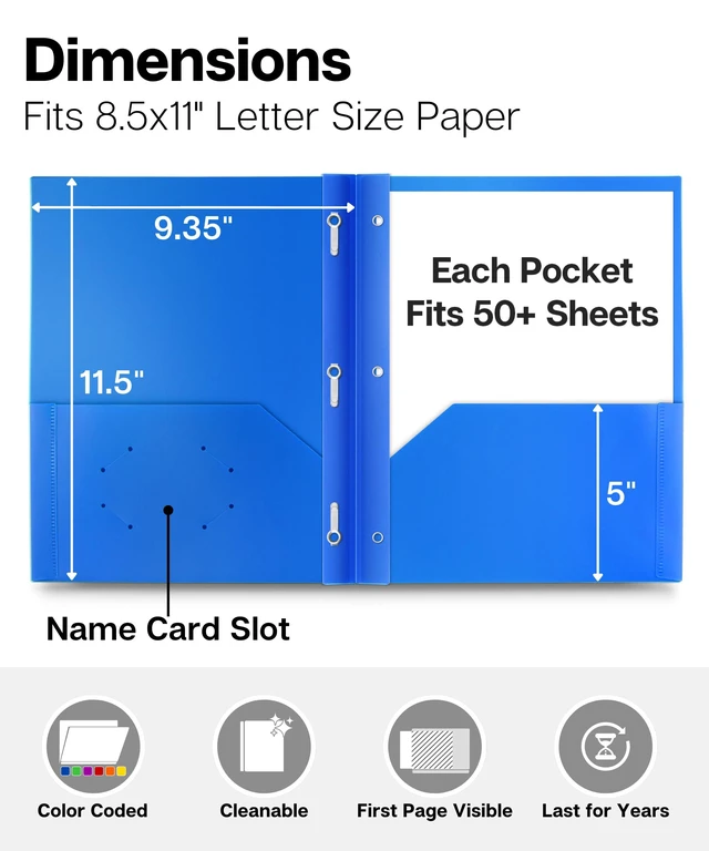 Alt view image 5 of 7 - 2-Pocket 3-Prong Folders, Clear Front Pocket, 6 Pack, Poly 6 Vibrant Colors, Durable Acid-Free Poly Plastic, Binder Folders with Brads, Includes Labels