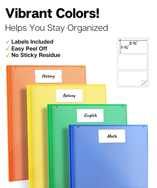 Alt view image 6 of 7 - 2-Pocket 3-Prong Folders, Clear Front Pocket, 6 Pack, Poly 6 Vibrant Colors, Durable Acid-Free Poly Plastic, Binder Folders with Brads, Includes Labels