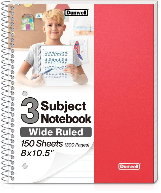 Main image of 3-Subject Spiral Notebook, Wide Ruled, 150 Sheets, Red 3 Subject Sections, Wide Ruled Pages, 150 Sheets, Durable Covers, 3-Hole Punched