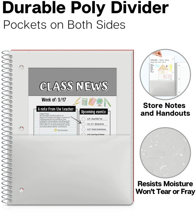 Alt view image 5 of 7 - 3-Subject Spiral Notebook, Wide Ruled, 150 Sheets, Red 3 Subject Sections, Wide Ruled Pages, 150 Sheets, Durable Covers, 3-Hole Punched