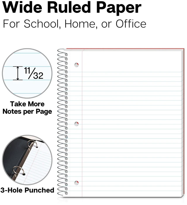 Alt view image 2 of 7 - 3-Subject Spiral Notebook, Wide Ruled, 150 Sheets, Red 3 Subject Sections, Wide Ruled Pages, 150 Sheets, Durable Covers, 3-Hole Punched