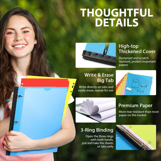 Alt view image 3 of 7 - 2-Pack Telescoping 3 Ring Binder Notebooks, Blue Includes Front Cover / Tabbed Catalog Pocket / 5 Tab Dividers / 1 Pocket Folder / 60 Sheets of Paper