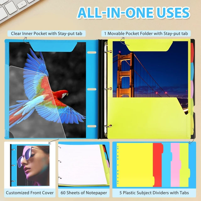 Alt view image 5 of 7 - 2-Pack Telescoping 3 Ring Binder Notebooks, Blue Includes Front Cover / Tabbed Catalog Pocket / 5 Tab Dividers / 1 Pocket Folder / 60 Sheets of Paper