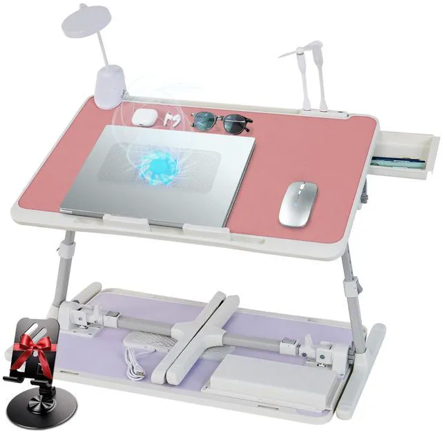 Main image of Adjustable Laptop Lap Desk with Cooling Fan USB Light for Adults 56x32cm,Pink