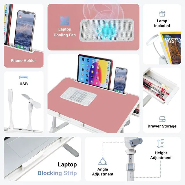 Alt view image 4 of 7 - Adjustable Laptop Lap Desk with Cooling Fan USB Light for Adults 56x32cm,Pink