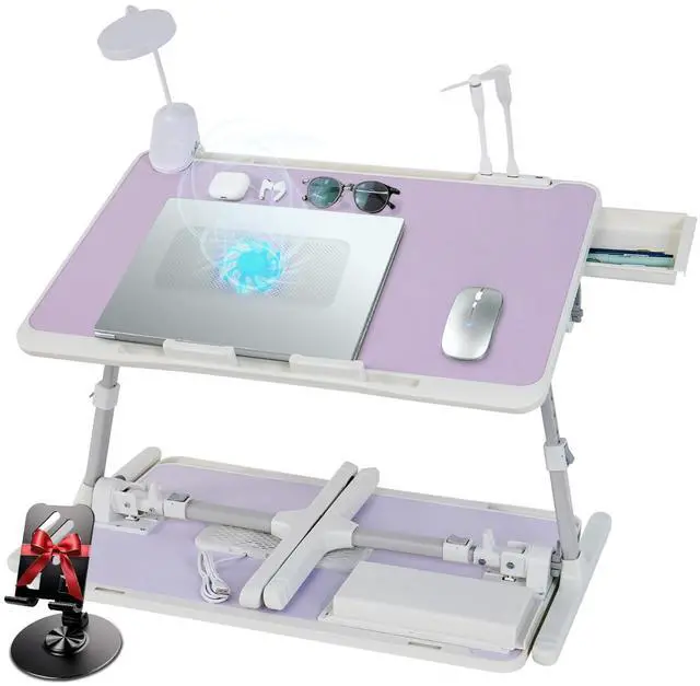 Main image of Adjustable Laptop Lap Desk with Cooling Fan USB Light for Adults 56x32cm,Purple