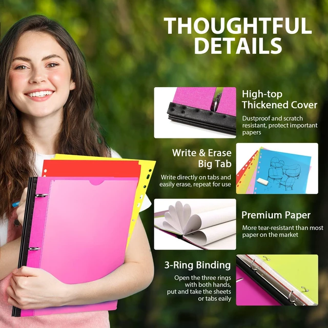 Alt view image 3 of 7 - 2-Pack Telescoping 3 Ring Binder Notebooks, Pink Includes Front Cover / Tabbed Catalog Pocket / 5 Tab Dividers / 1 Pocket Folder / 60 Sheets of Paper