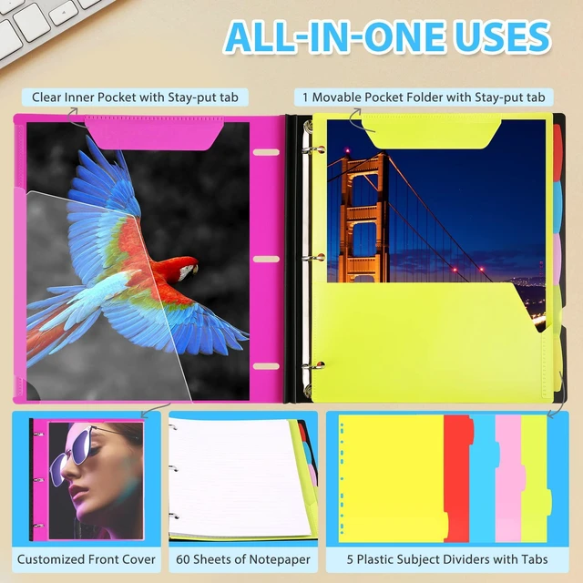 Alt view image 4 of 7 - 2-Pack Telescoping 3 Ring Binder Notebooks, Pink Includes Front Cover / Tabbed Catalog Pocket / 5 Tab Dividers / 1 Pocket Folder / 60 Sheets of Paper