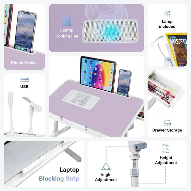 Alt view image 4 of 7 - Adjustable Laptop Lap Desk with Cooling Fan USB Light for Adults 56x32cm,Purple
