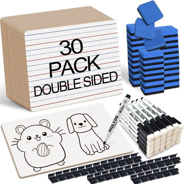 Main image of Set of 30 Dry Erase Boards, Double Sided Small Whiteboards with Lines for Kids, Students, Teacher & Classroom Pack, 9"x12" Mini Individual White Boards Lined for Writing with 30 Markers, 30 Erasers