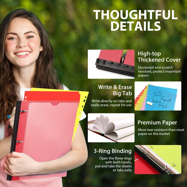 Alt view image 3 of 7 - 2-Pack Telescoping 3 Ring Binder Notebooks, Red Includes Front Cover / Tabbed Catalog Pocket / 5 Tab Dividers / 1 Pocket Folder / 60 Sheets of Paper
